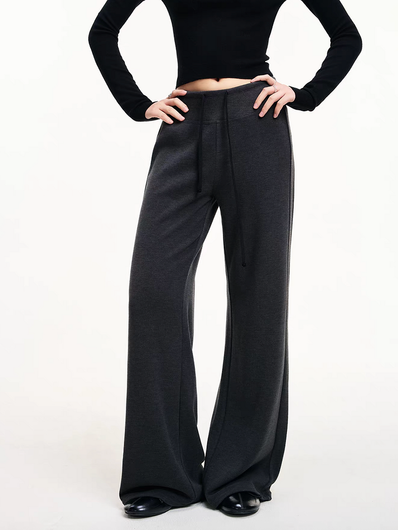 Model off duty casual relaxed high waisted drawstring wool poly knitted pants 3