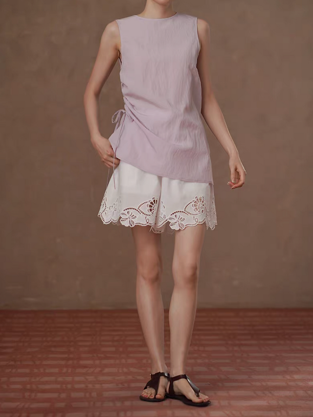 Floral crochet cotton drawstring white shorts 11