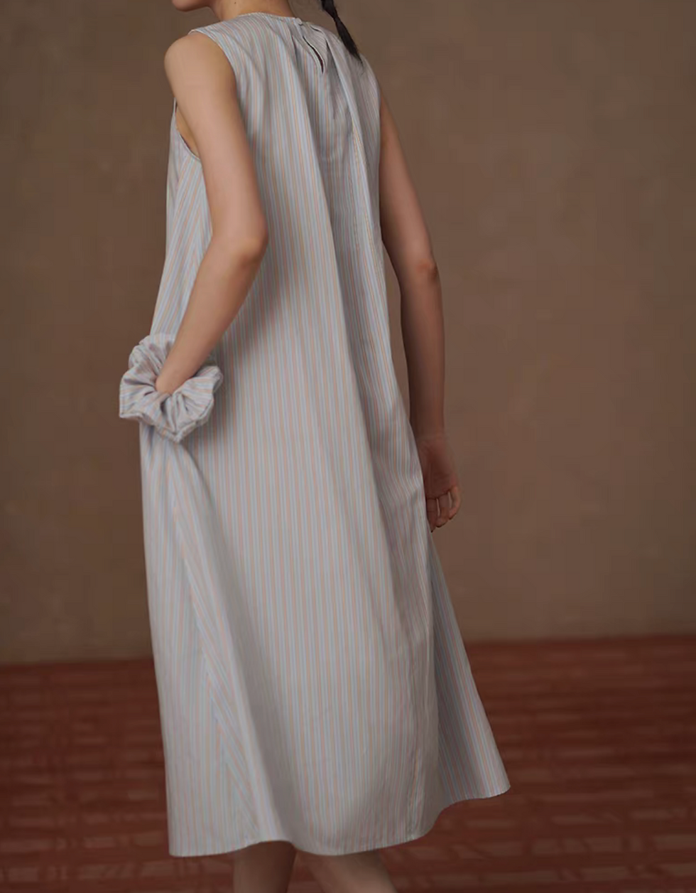 Thumbnail: Blue pink striped pleated pure cotton belted sleeveless dress + scrunchie set