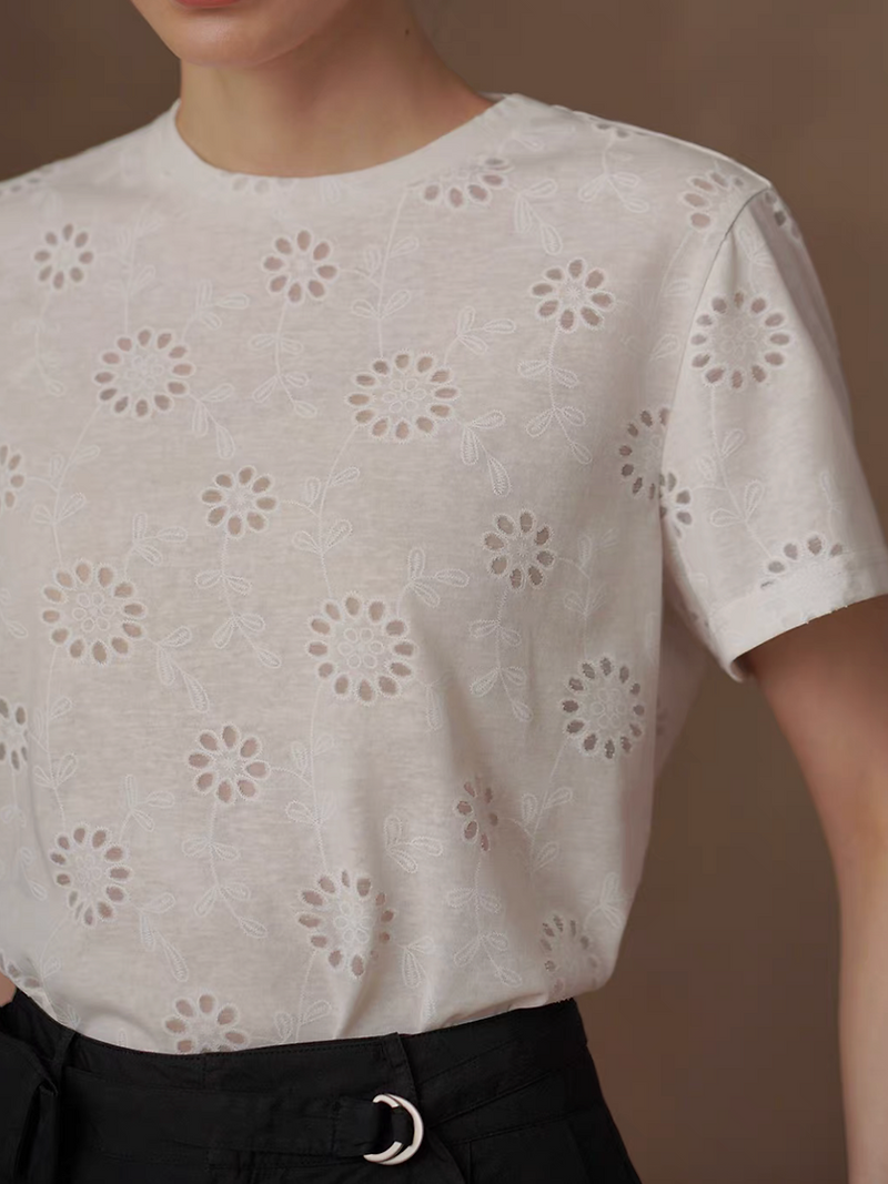 Crewneck crochet floral patterned pure cotton white tee 1