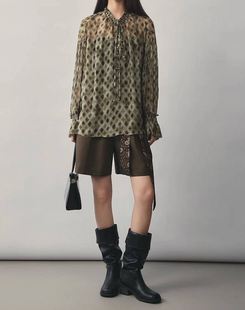 Thumbnail: Patterned silky belt included high waisted mocha pleated shorts