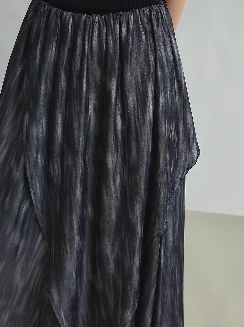 Thumbnail: Layered watercolor blue satin poly asymmetric elasticated skirt
