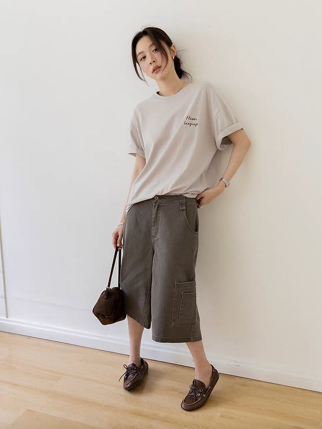 Back docking print cotton crewneck mid length tee 8
