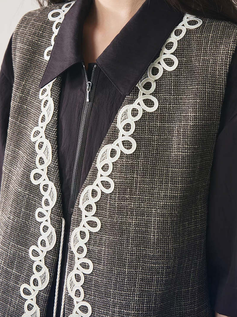 V neck embroidered trim tassels mocha pure cotton checker vest 5