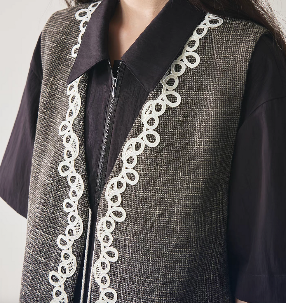 Thumbnail: V neck embroidered trim tassels mocha pure cotton checker vest