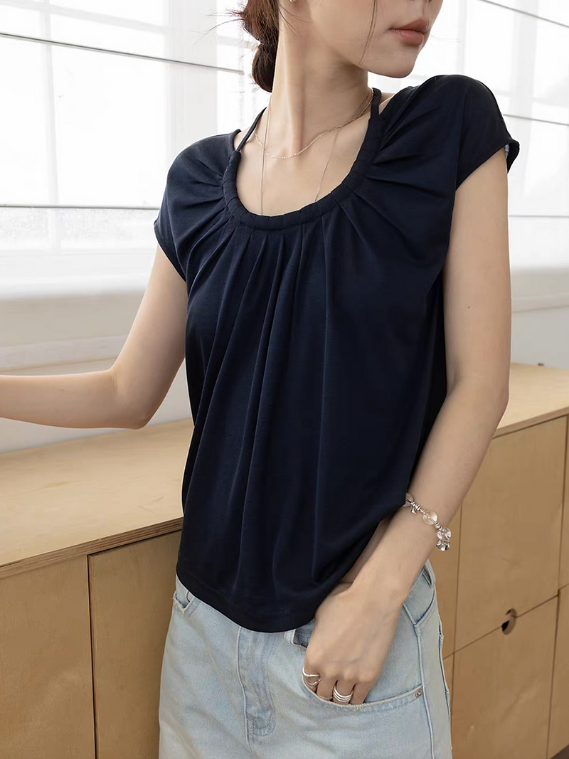Lyocell cotton poly back adjusted strap U neck tee 9