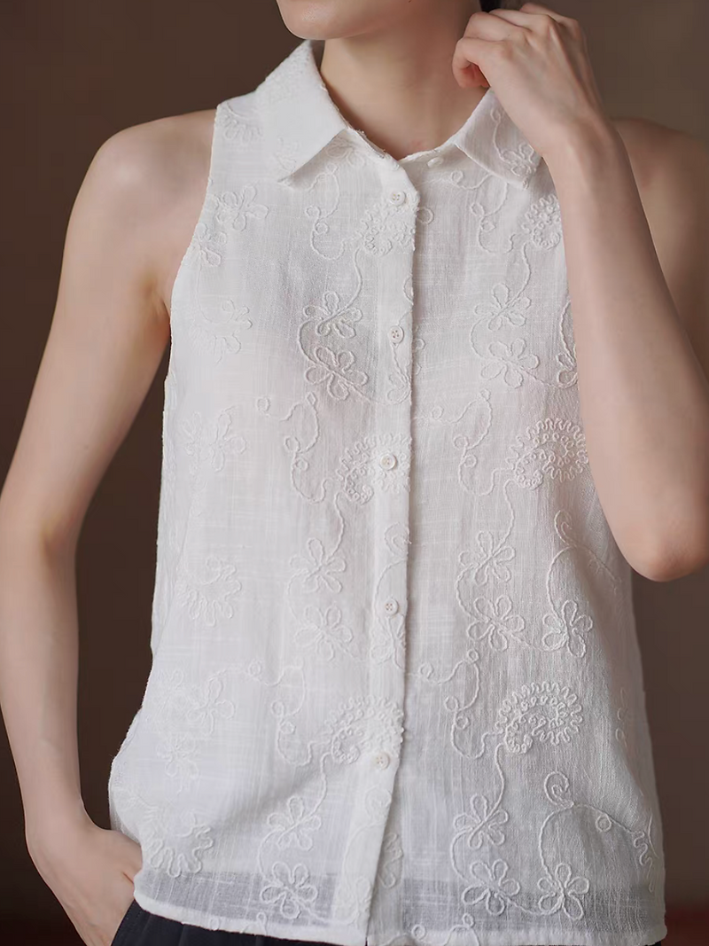 Embroidered cotton ivory linen rayon polo vest 2