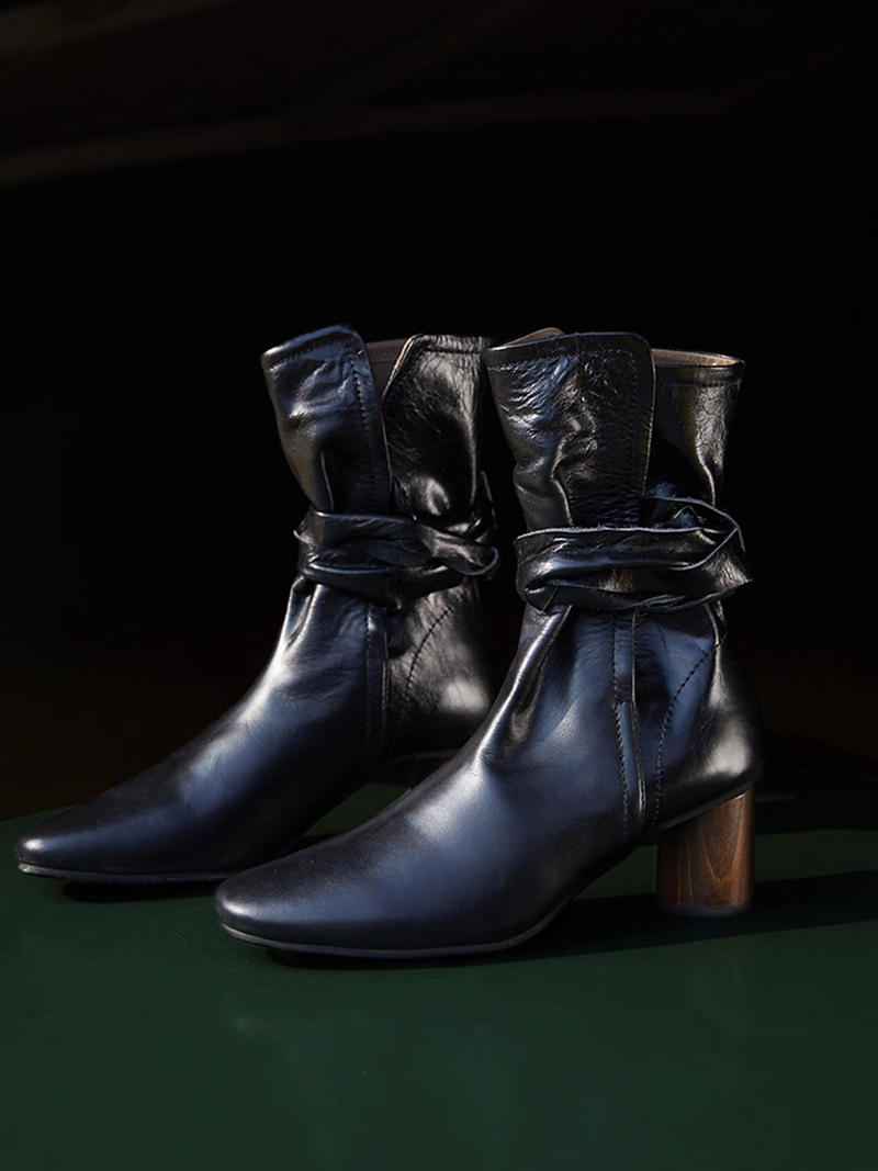 Made in Paris Italian sheep skin back knot slit wood heel ankle boots 5