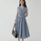 Thumbnail: V neck overlapping cotton grey white blue checker sleeveless dress