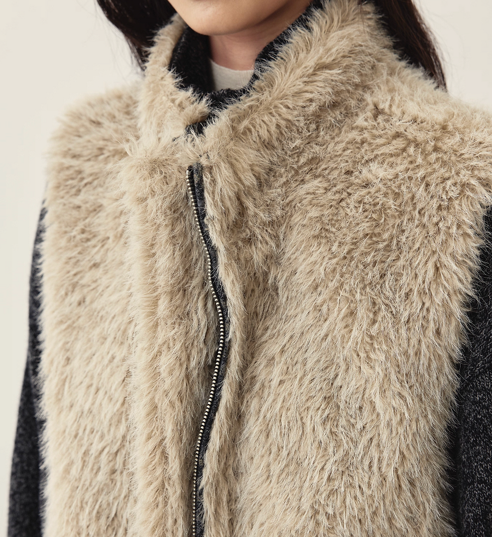 Thumbnail: Double sided raccoon wool fur fluffy checker zipper vest