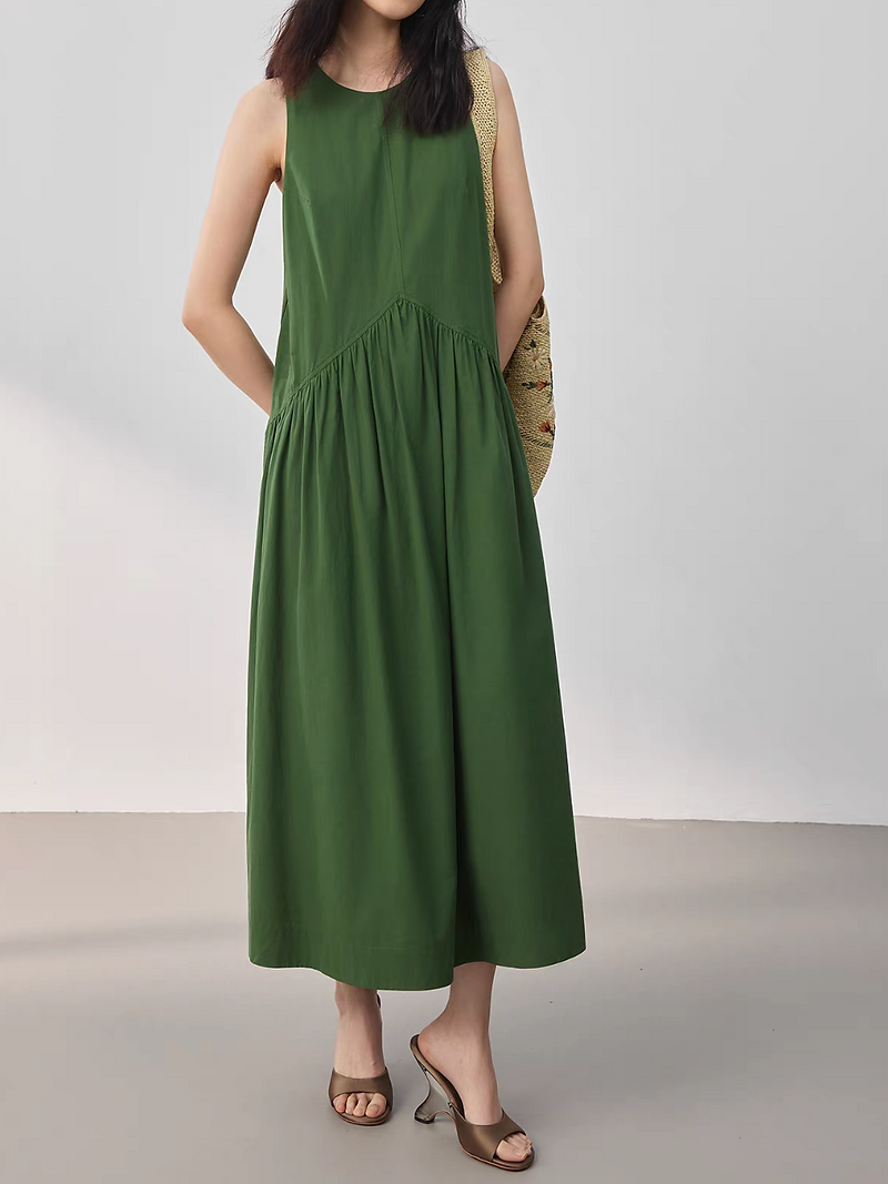 Forest green halter linen cotton side pockets YKK zipper maxi sleeveless dress 2