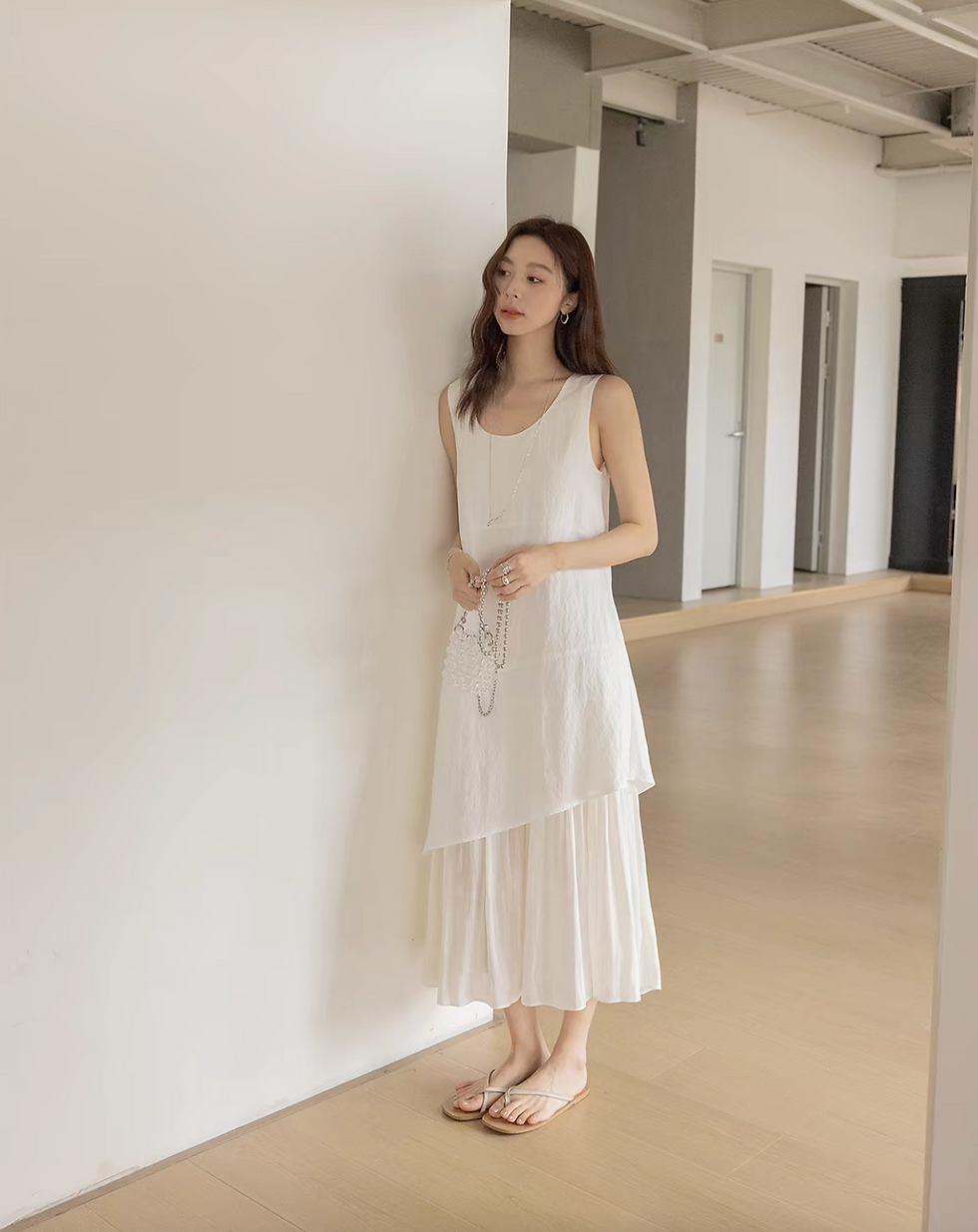 Thumbnail: Ivory tencel cotton satin layered asymmetric sleevesless dress