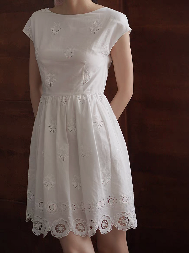 Pure cotton flutter sleeves high waisted crochet lined white dress 1