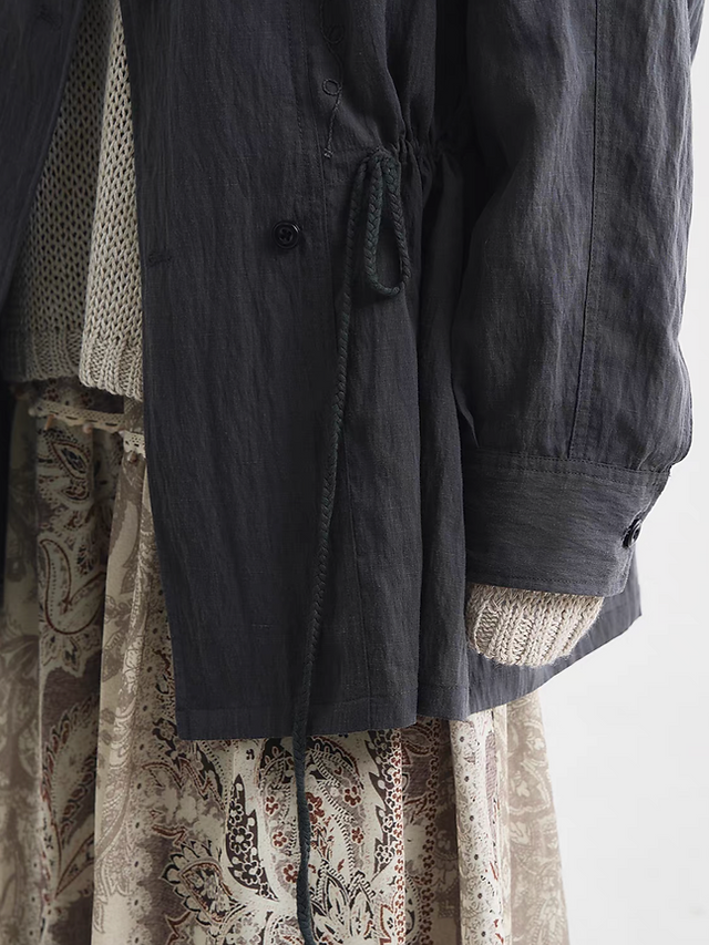 Charcoal embroidered two way parallel buttoned mid length lyocell jacket 11