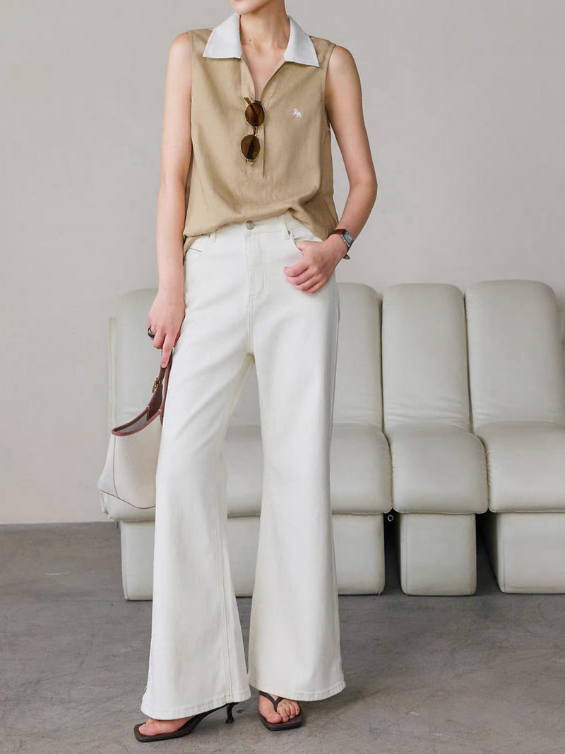 Embroidered pony khaki white cotton linen polo vest 4