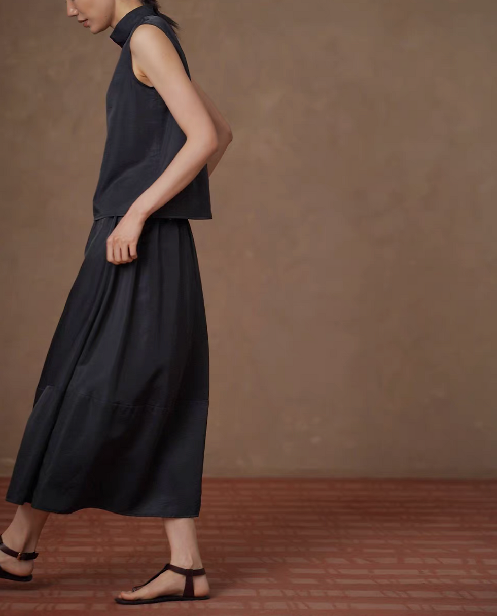 Thumbnail: Pure lyocell navy collaratte back zipped vest + elasticated contour skirt set