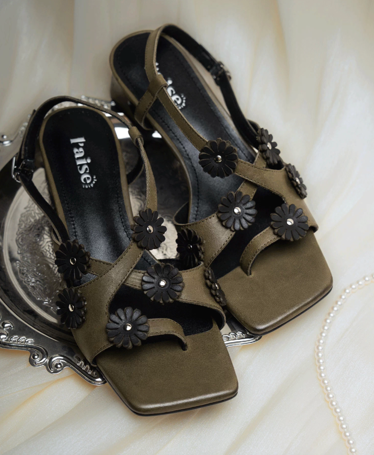 Made in Italy Italian sheep skin crafted floral deco low heel sandals