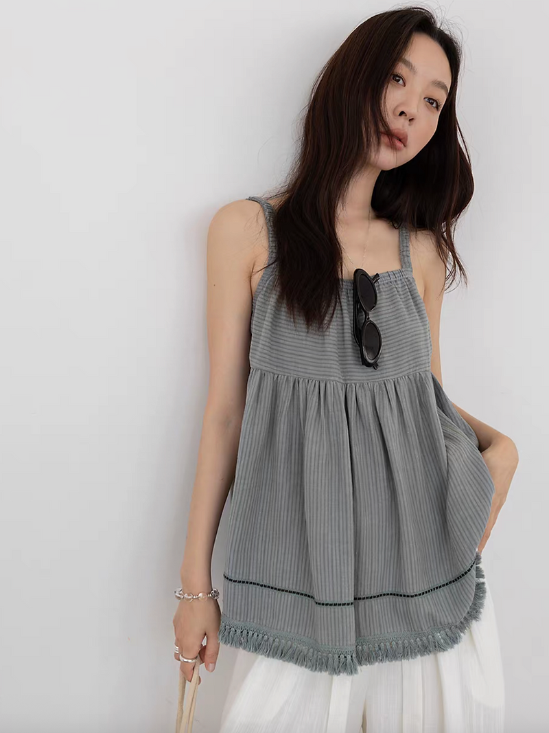 Elasticated straps tassels trim linen tencel flare checker camisole 10