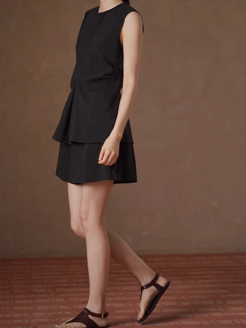 Black lyocell linen back buttoned side pleated vest + shorts set 10