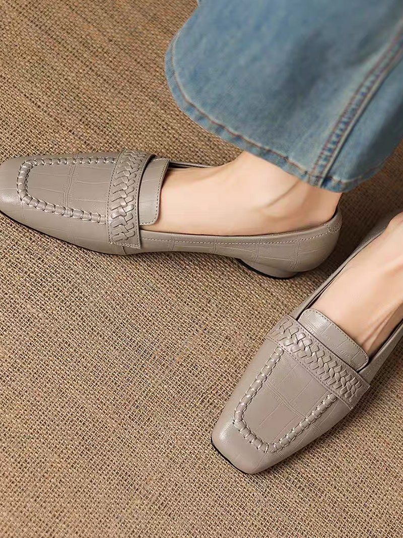 Embossed weaved strap lambskin round heel loafers 2