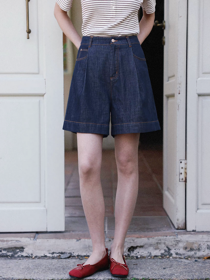 Back elasticated bronze stitched denim navy shorts 1
