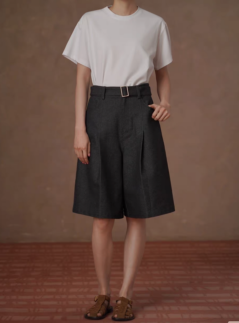 Thumbnail: High waisted belted cotton tencel dark charcoal pleated shorts
