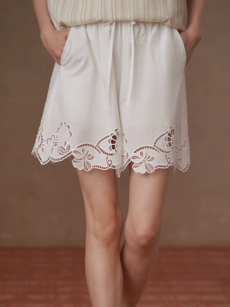 Floral crochet cotton drawstring white shorts