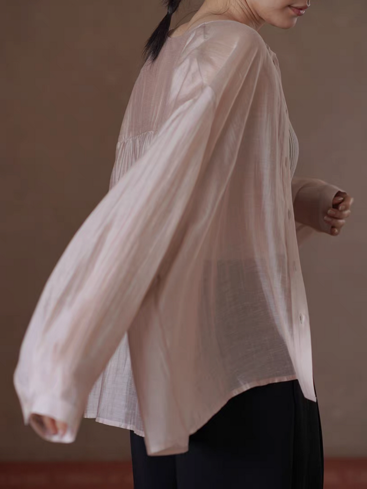 Pastel pink embossed crewneck raglan blouse / outer 5