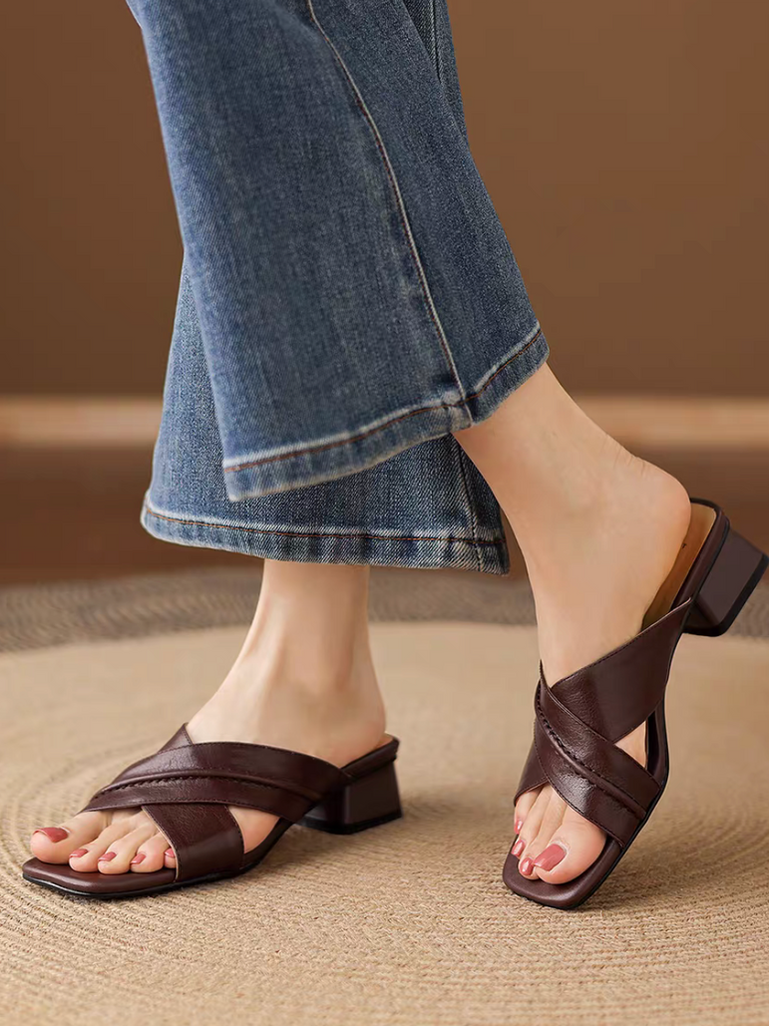 Calf leather crossed straps low heel slip ons 1
