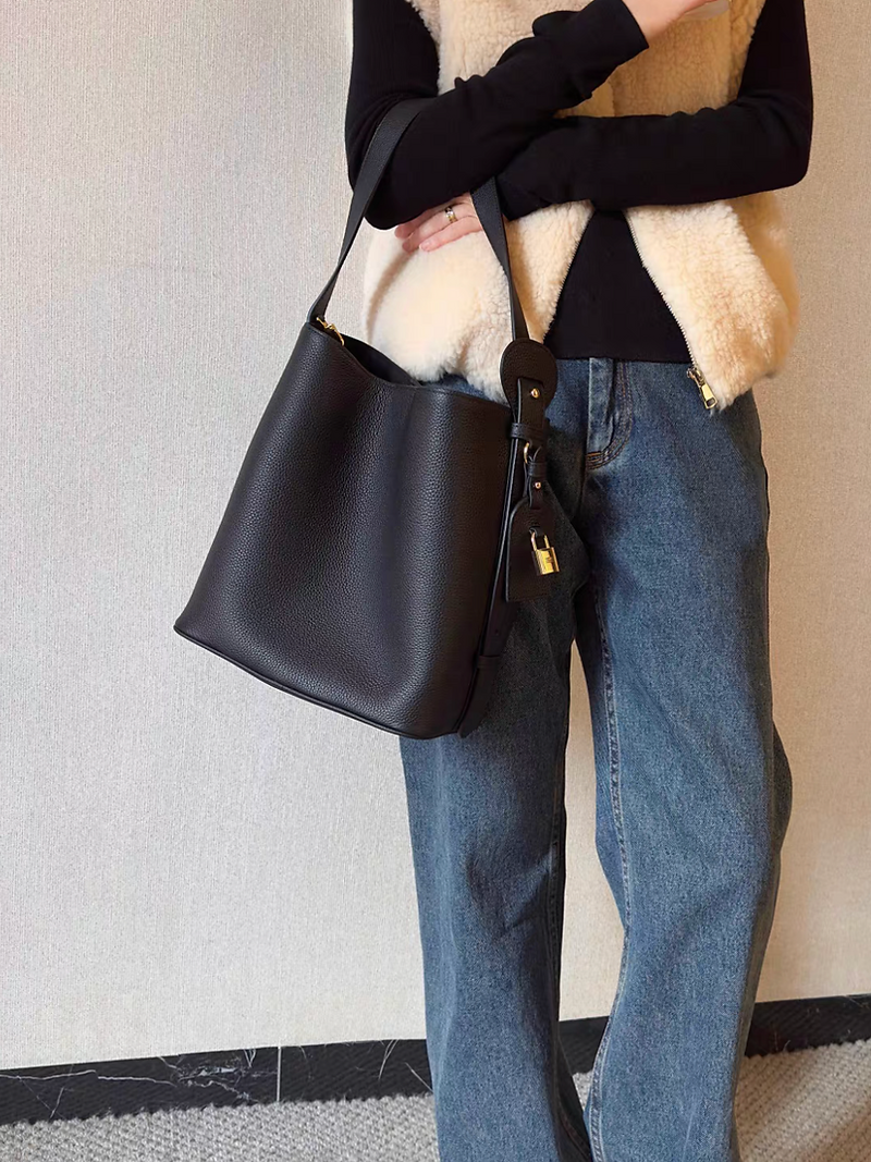 Black toga embossed bucket shoulder + crossbody bag with tag& pad lock 5