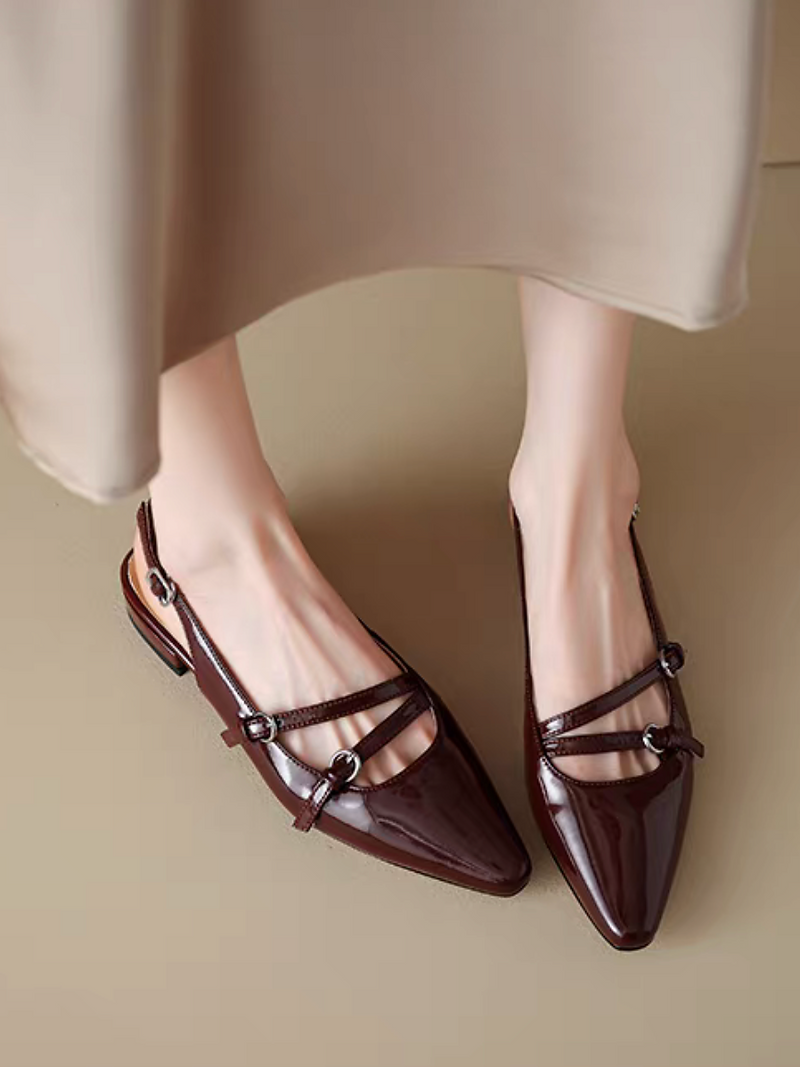 Oil waxed calf leather diagonal straps pointy sling back shoes 8