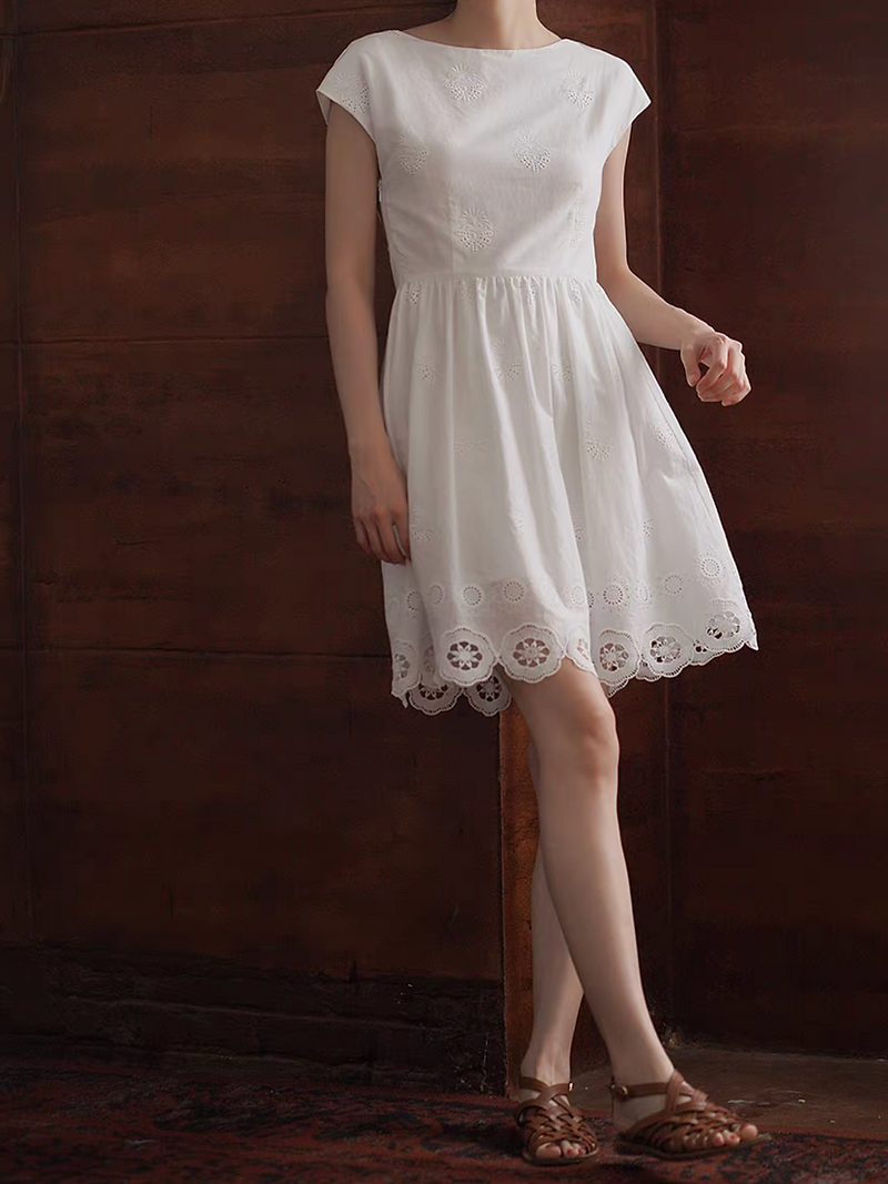 Pure cotton flutter sleeves high waisted crochet lined white dress 8