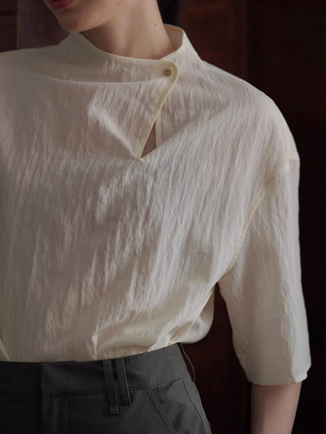Ivory embossed lyocell rayon standing collar blouse 1