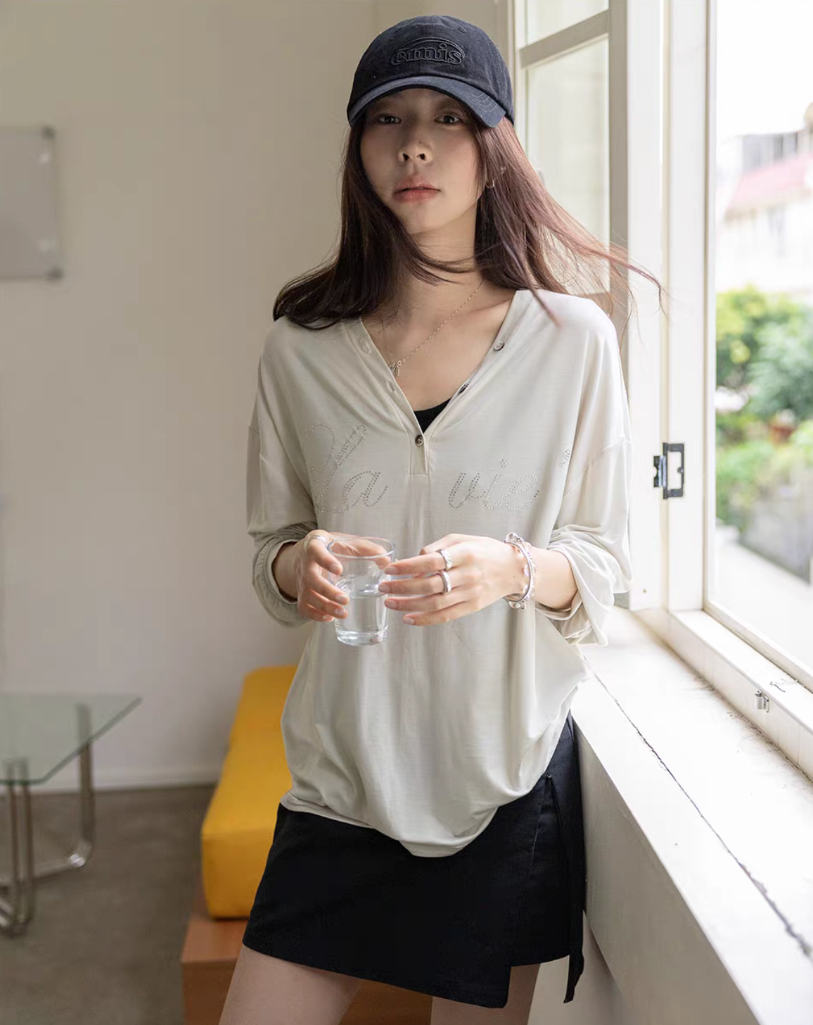 V neck shell deco lyocell rayon longsleeved print tee