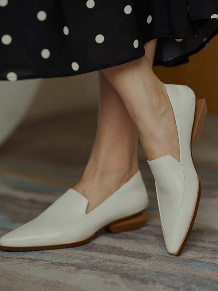 Calf leather geometric heel pointy stitched trim loafers 1