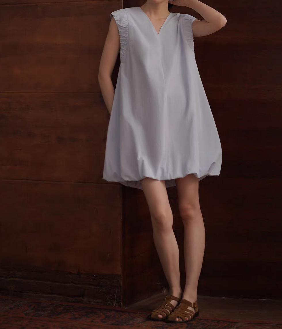 Thumbnail: V neck gathered cap sleeve pure cotton pastel blue bubble dress