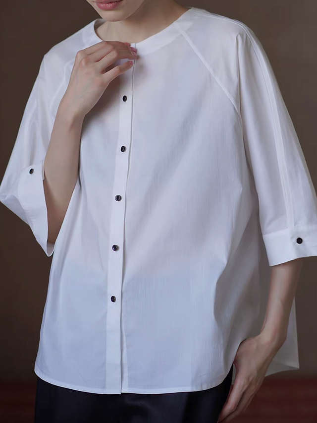 Mid sleeved crewneck cotton rayon white blouse 7