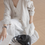 Thumbnail: V neck laced trim side drawstrings cotton ivory sleeveless dress