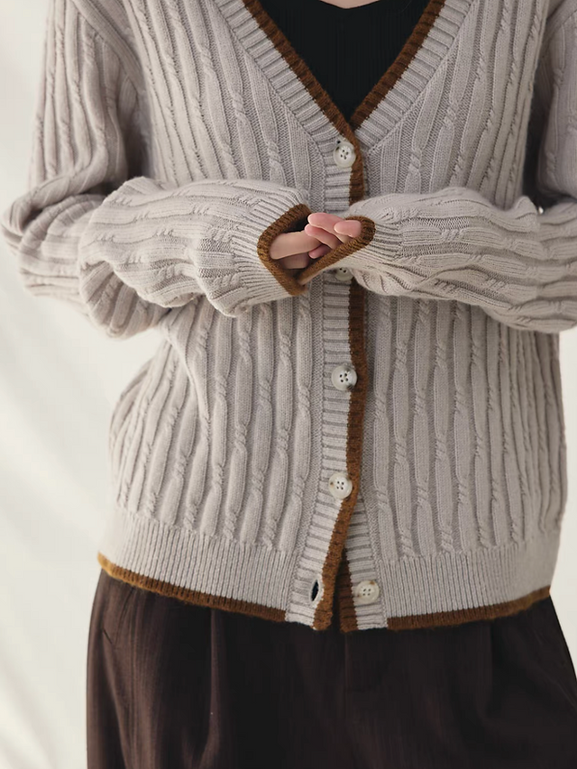 Alpaca wool nylon marble buttoned V neck bicolor trim cable knitted cardigan 3