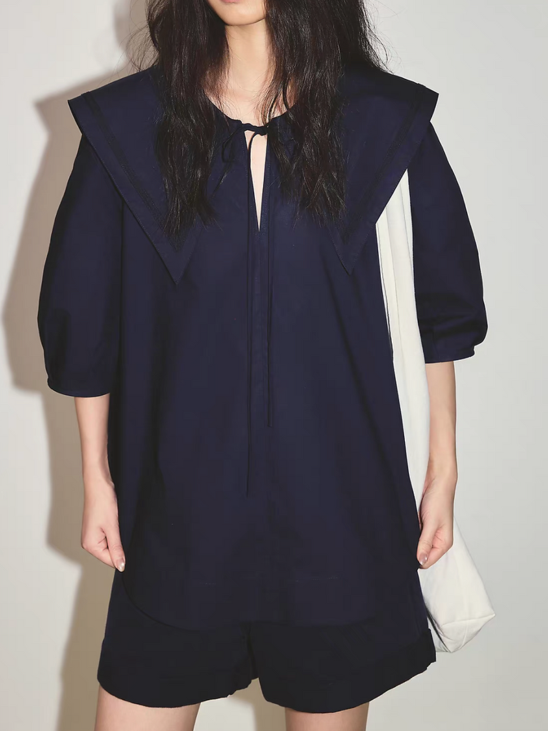 Dark navy embroidered trim denim cotton sailor collar blouse 1