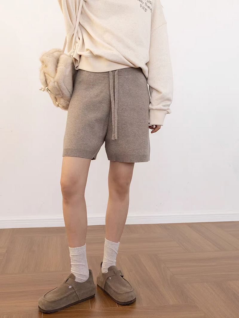 Wool rayon poly drawstring knitted elasticated shorts 1
