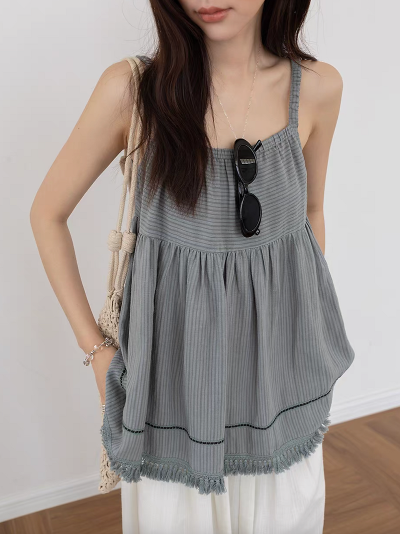 Elasticated straps tassels trim linen tencel flare checker camisole 1