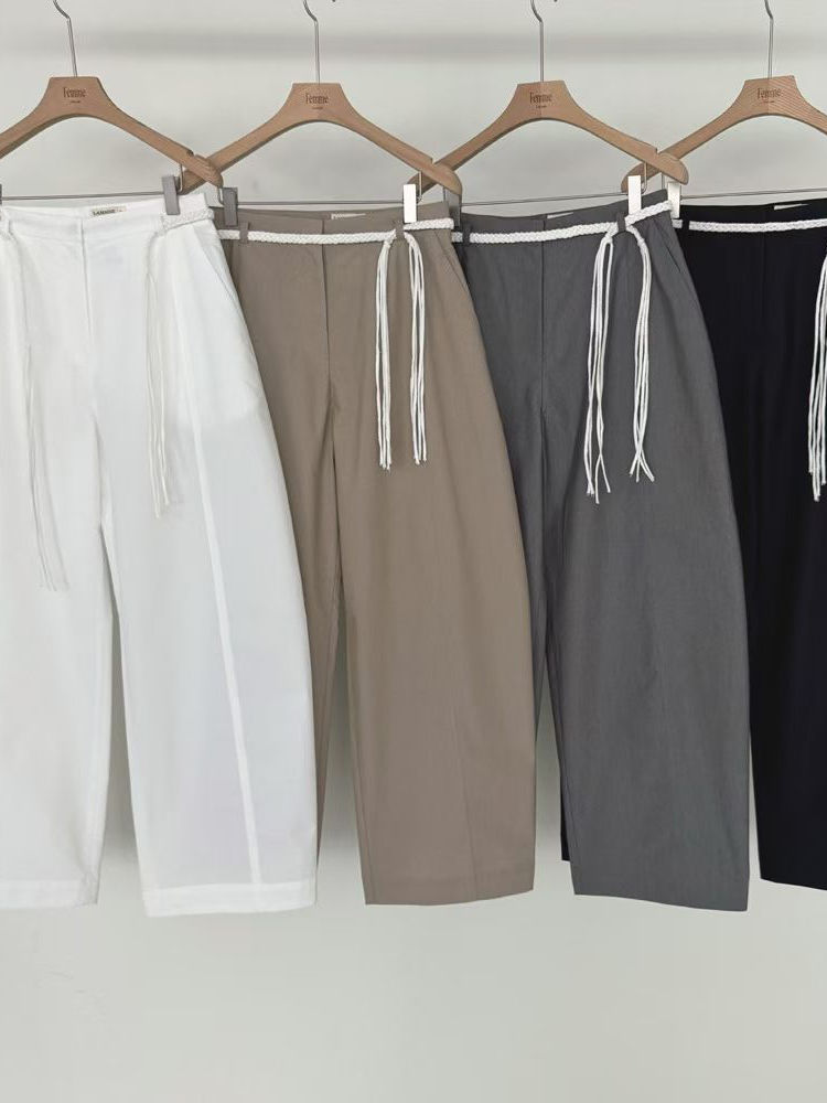 Belted cotton rayon barrel leg high rise pleated pants  5