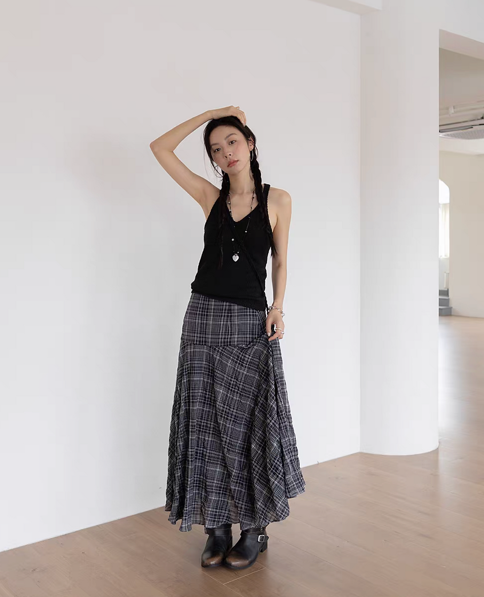 Thumbnail: Asymmetric zipper checker grey lined cotton skirt