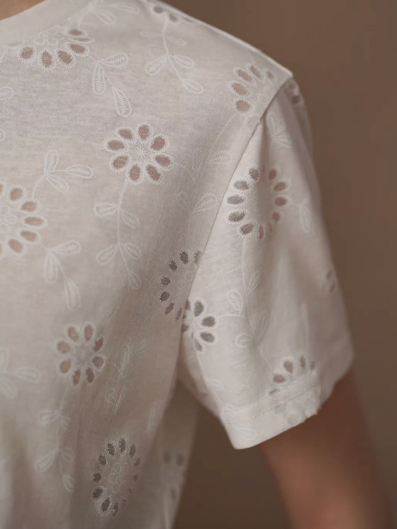 Crewneck crochet floral patterned pure cotton white tee 5