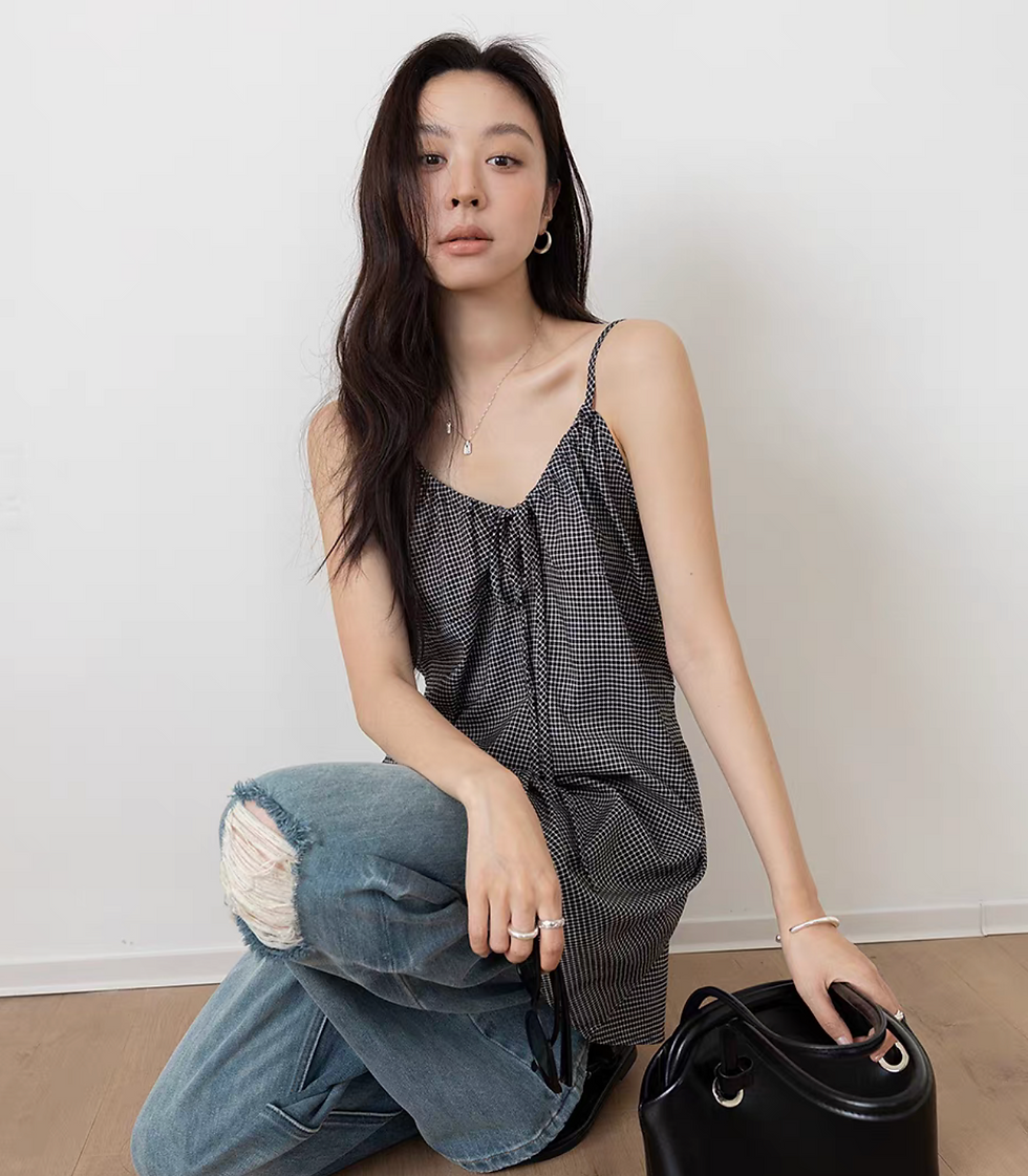 Thumbnail: Checker back knot linen halter camisole