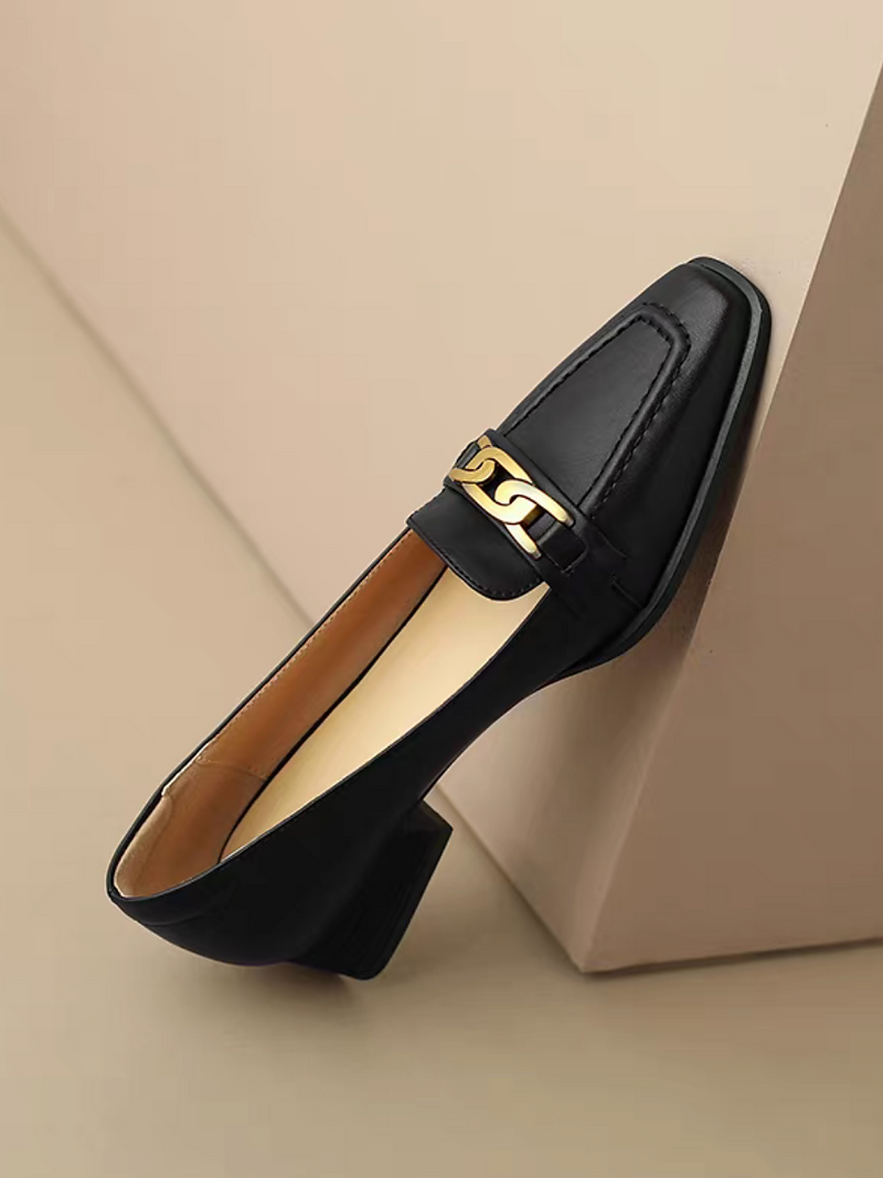 Calf leather metal chained deco low heel loafers 11