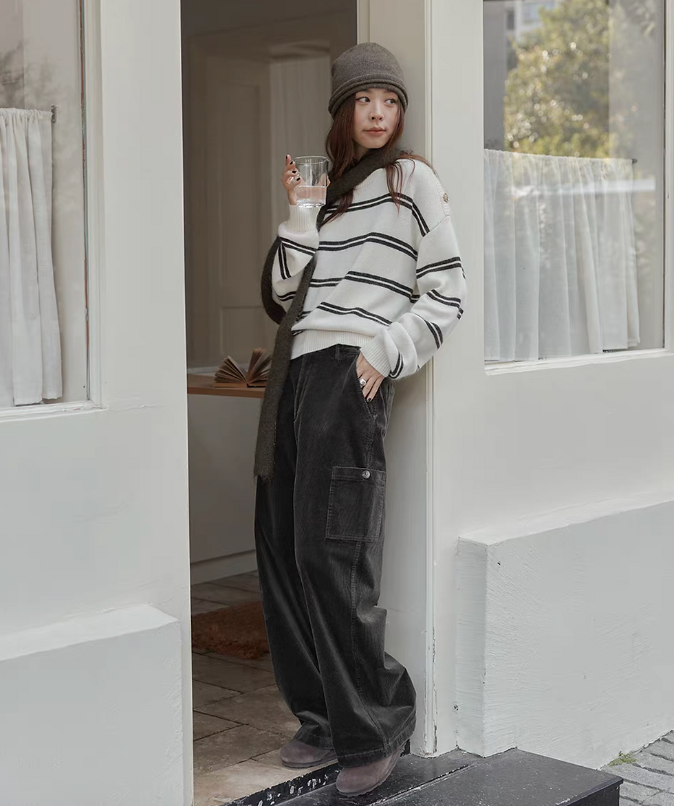Thumbnail: Ribbed cotton corduroy valour high waisted cargo straight pants