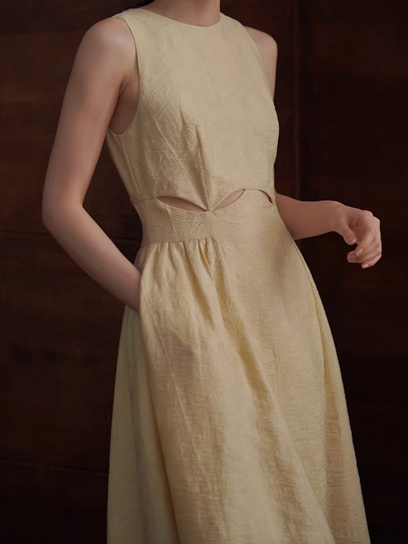 Waist crochet embossed halter pastel yellow lyocell poly slim cut dress 6