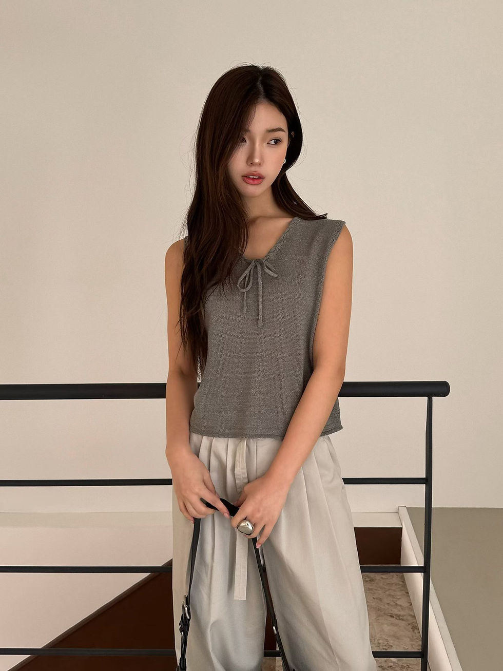 Thumbnail: Braided trim drawstring acrylic knitted vest